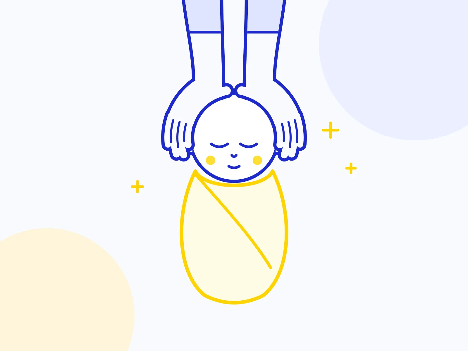 Ilustración de dos manos sosteniendo con suavidad la cabeza de un bebé dormido